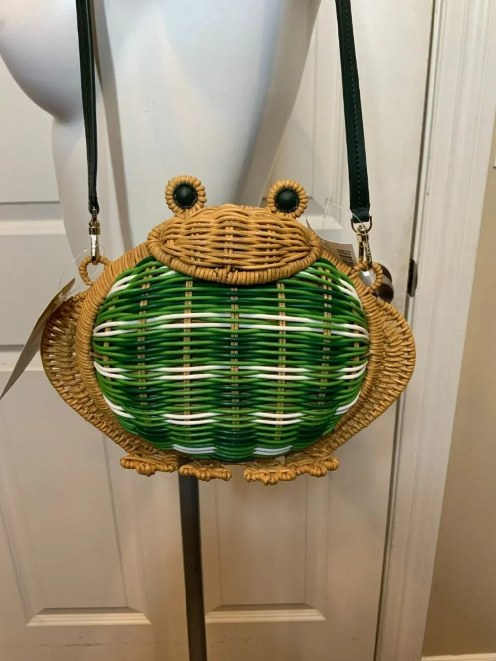 Kate Spade New York Green White Striped Hopkins Frog Wicker Bag NWT!